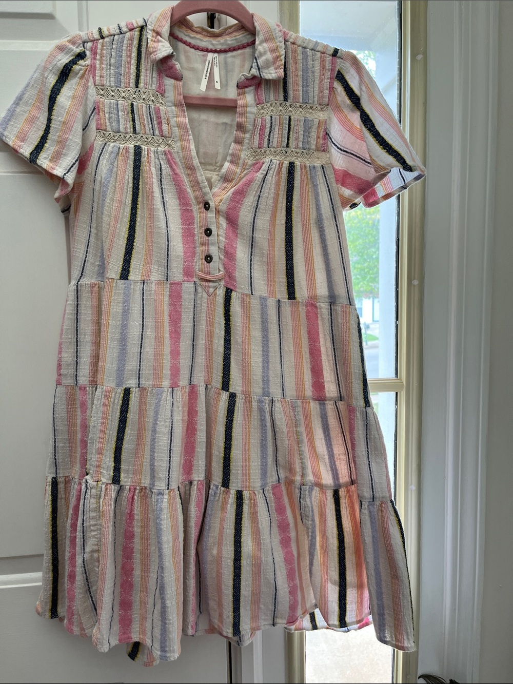 Anthropologie Pink Multistripe Tiered Button-Front Dress XSP